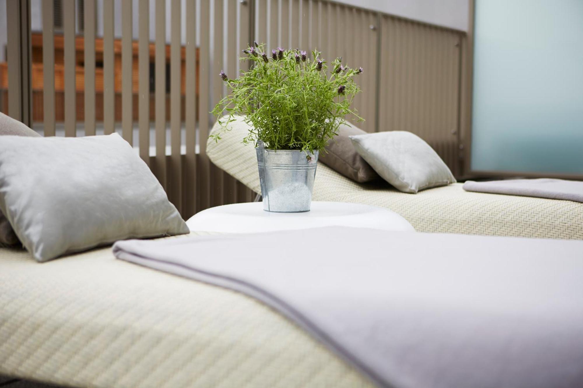 فندق ستيجنبرجر آم كانزليرمت برلين الغرفة الصورة The photo shows two lounge chairs with soft, light-colored cushions. Between them, there is a small round table featuring a metal bucket filled with greenery. The setting appears to be designed for relaxation, with a clean and modern aesthetic, likel